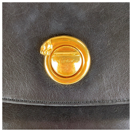 CARTIER Business bag leather Black Blue Gold Metal Business bag briefcase PANTHERE mens Used Authentic