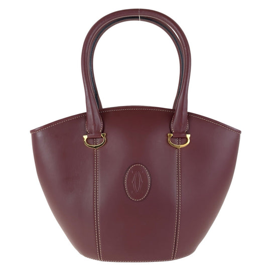 CARTIER Tote Bag leather Wine Red Bordeaux Gold Metal Tote Bag handbag Must Line Women Used Authentic