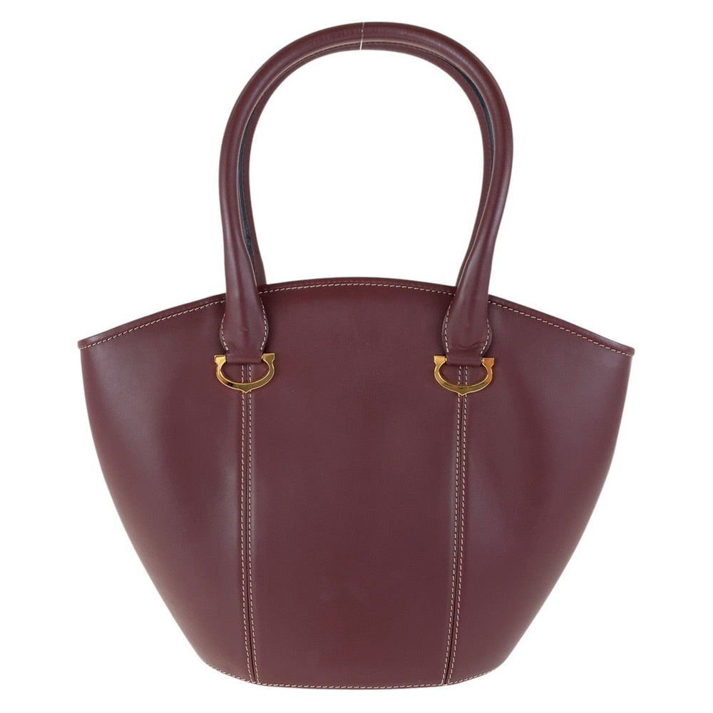 CARTIER Tote Bag leather Wine Red Bordeaux Gold Metal Tote Bag handbag Must Line Women Used Authentic