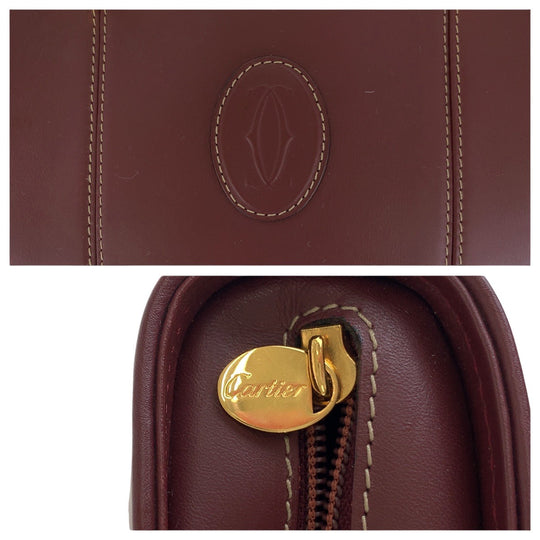 CARTIER Tote Bag leather Wine Red Bordeaux Gold Metal Tote Bag handbag Must Line Women Used Authentic