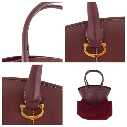 CARTIER Tote Bag leather Wine Red Bordeaux Gold Metal Tote Bag handbag Must Line Women Used Authentic