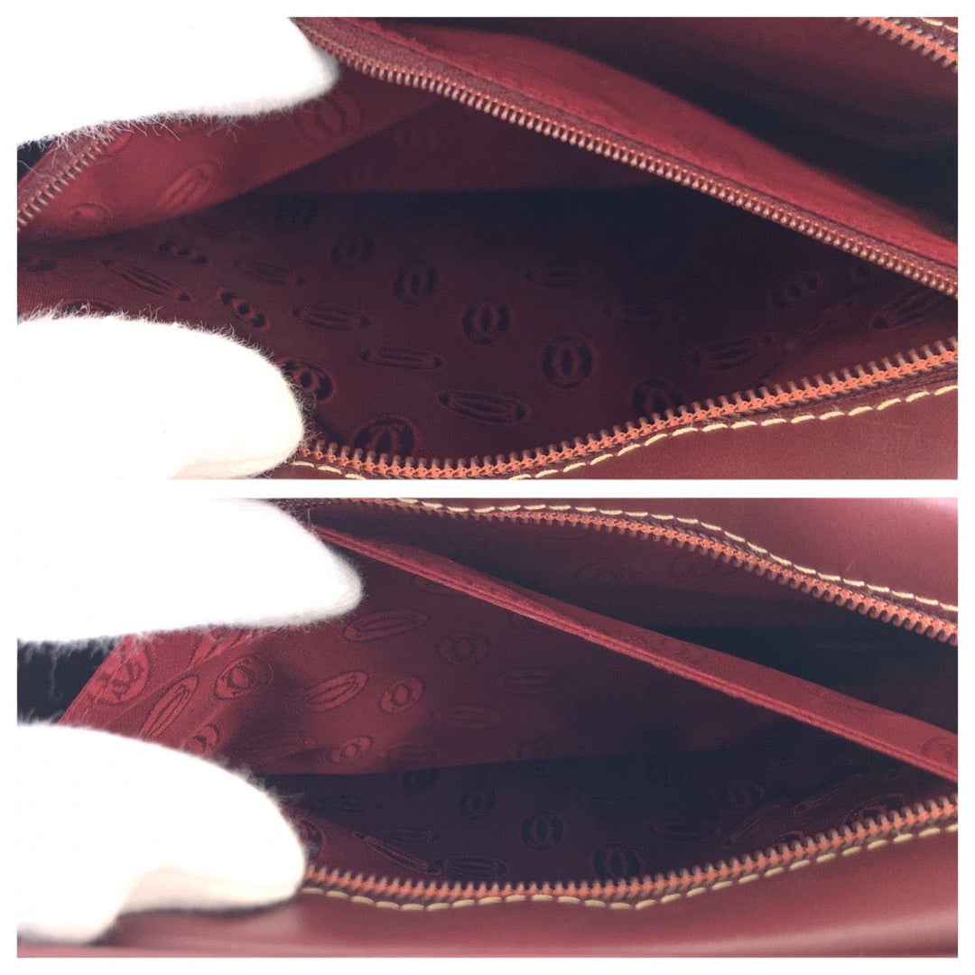 CARTIER Tote Bag leather Wine Red Bordeaux Gold Metal Tote Bag handbag Must Line Women Used Authentic