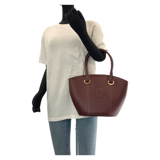 CARTIER Tote Bag leather Wine Red Bordeaux Gold Metal Tote Bag handbag Must Line Women Used Authentic