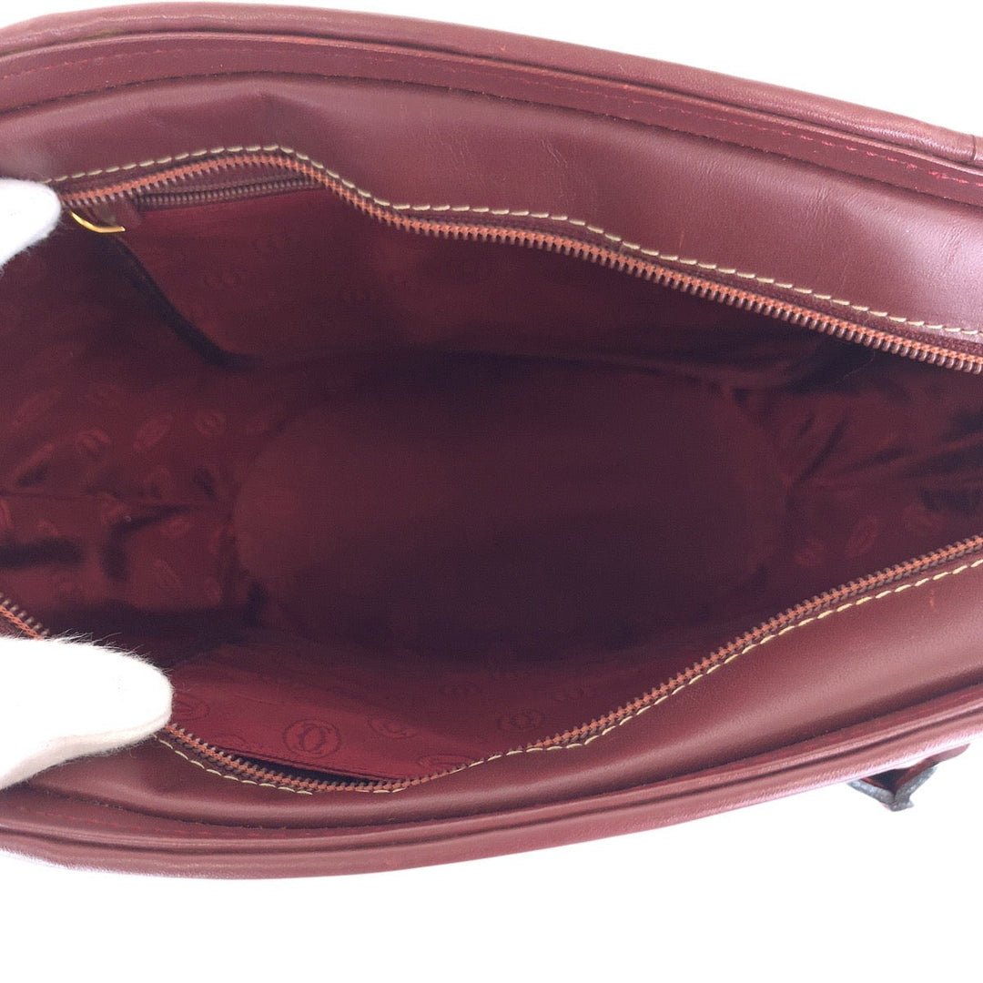 CARTIER Tote Bag leather Wine Red Bordeaux Gold Metal Tote Bag handbag Must Line Women Used Authentic