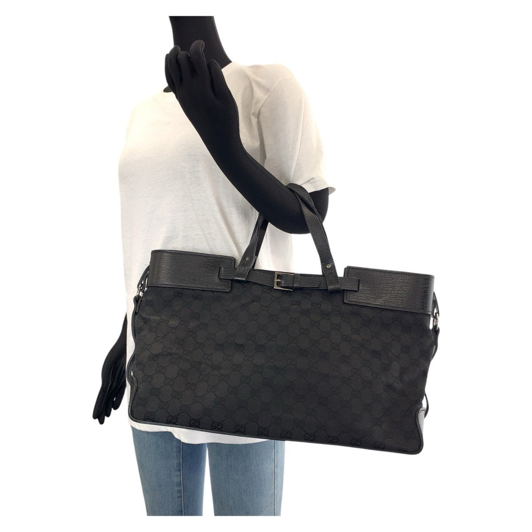 GUCCI Tote Bag 106251 GG canvas, leather Black SilverMetal Tote Bag handbag mens Used Authentic