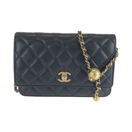 CHANEL Long Wallet Purse lambskin Black GoldMetal Matrasse COCO Mark Ball Turn Lock