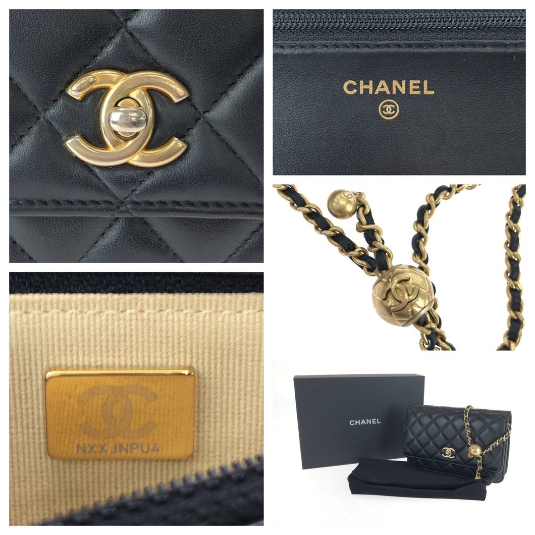 CHANEL Long Wallet Purse lambskin Black GoldMetal Matrasse COCO Mark Ball Turn Lock