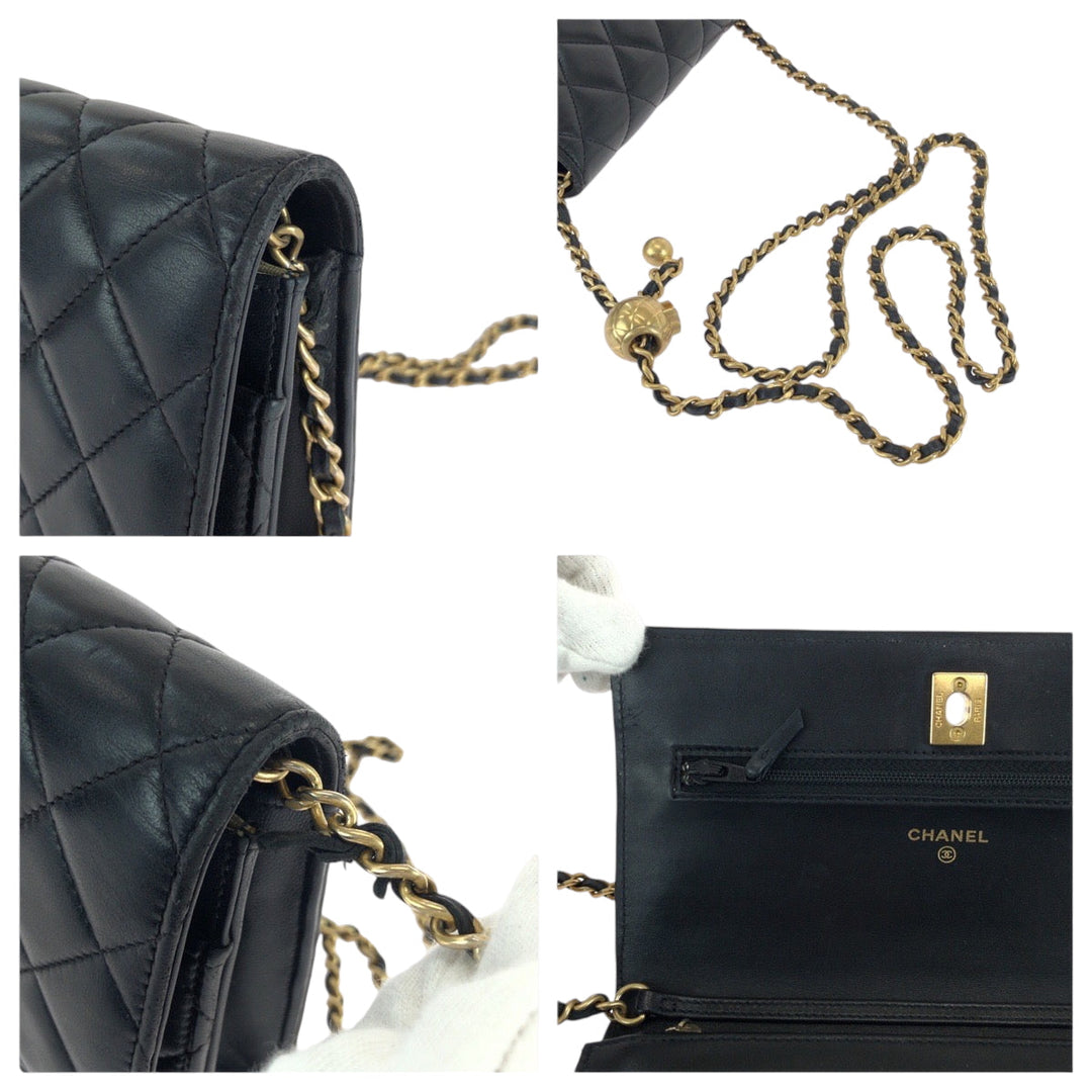CHANEL Long Wallet Purse lambskin Black GoldMetal Matrasse COCO Mark Ball Turn Lock
