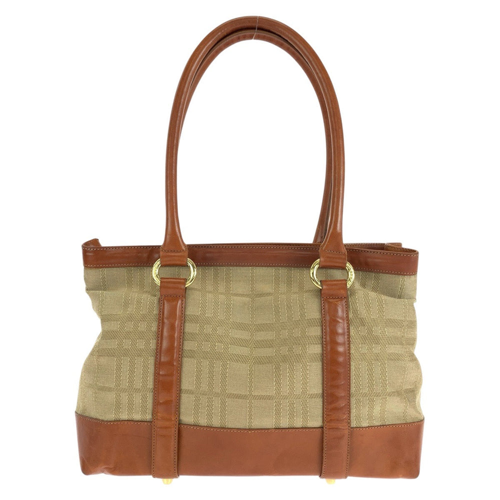 BURBERRY Tote Bag Canvas, Leather Brown Check Pattern Women Used Authentic