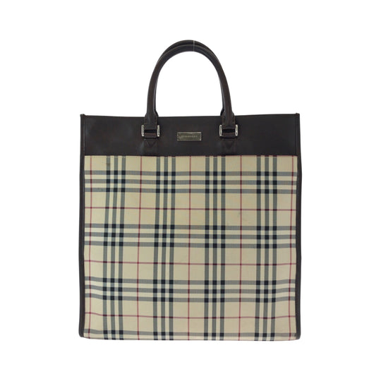 BURBERRY Tote Bag Canvas, Leather Beige brown Tote Bag handbag Check Pattern Women Used Authentic