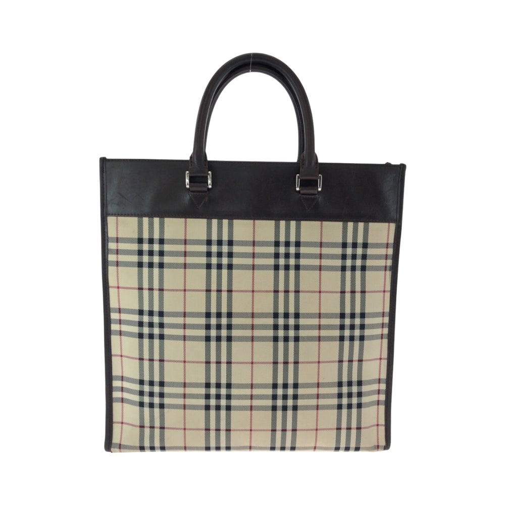 BURBERRY Tote Bag Canvas, Leather Beige brown Tote Bag handbag Check Pattern Women Used Authentic