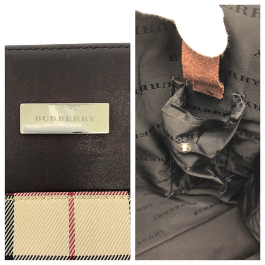 BURBERRY Tote Bag Canvas, Leather Beige brown Tote Bag handbag Check Pattern Women Used Authentic