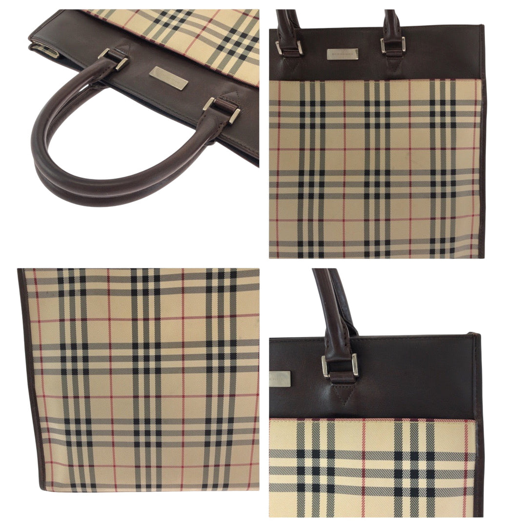 BURBERRY Tote Bag Canvas, Leather Beige brown Tote Bag handbag Check Pattern Women Used Authentic