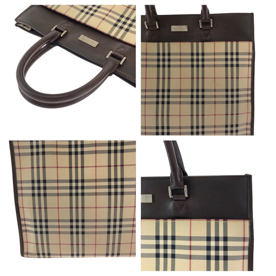 BURBERRY Tote Bag Canvas, Leather Beige brown Tote Bag handbag Check Pattern Women Used Authentic