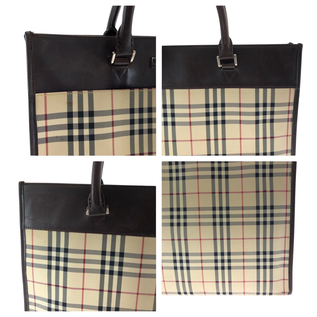 BURBERRY Tote Bag Canvas, Leather Beige brown Tote Bag handbag Check Pattern Women Used Authentic