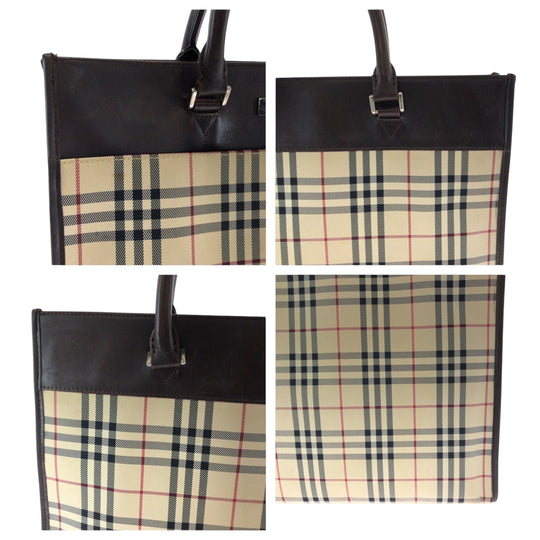 BURBERRY Tote Bag Canvas, Leather Beige brown Tote Bag handbag Check Pattern Women Used Authentic