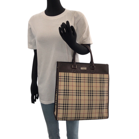 BURBERRY Tote Bag Canvas, Leather Beige brown Tote Bag handbag Check Pattern Women Used Authentic