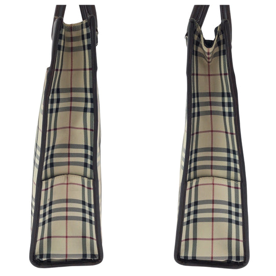 BURBERRY Tote Bag Canvas, Leather Beige brown Tote Bag handbag Check Pattern Women Used Authentic