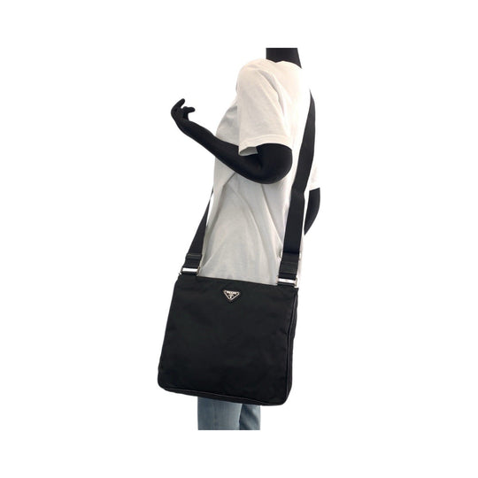 PRADA Shoulder Bag Nylon, Leather Black SilverMetal Shoulder Bag pochette Testo Saffiano Triangle With logo mens Used Authentic