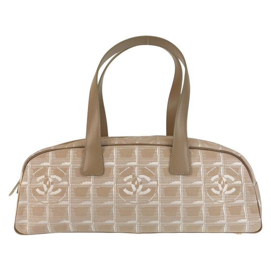 CHANEL Handbag Nylon, Leather Beige Gold Metal Handbags Mini Boston Duffel bag New travel line Women Used Authentic