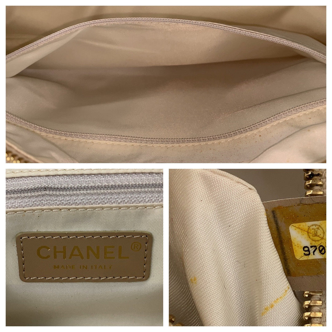 CHANEL Handbag Nylon, Leather Beige Gold Metal Handbags Mini Boston Duffel bag New travel line Women Used Authentic