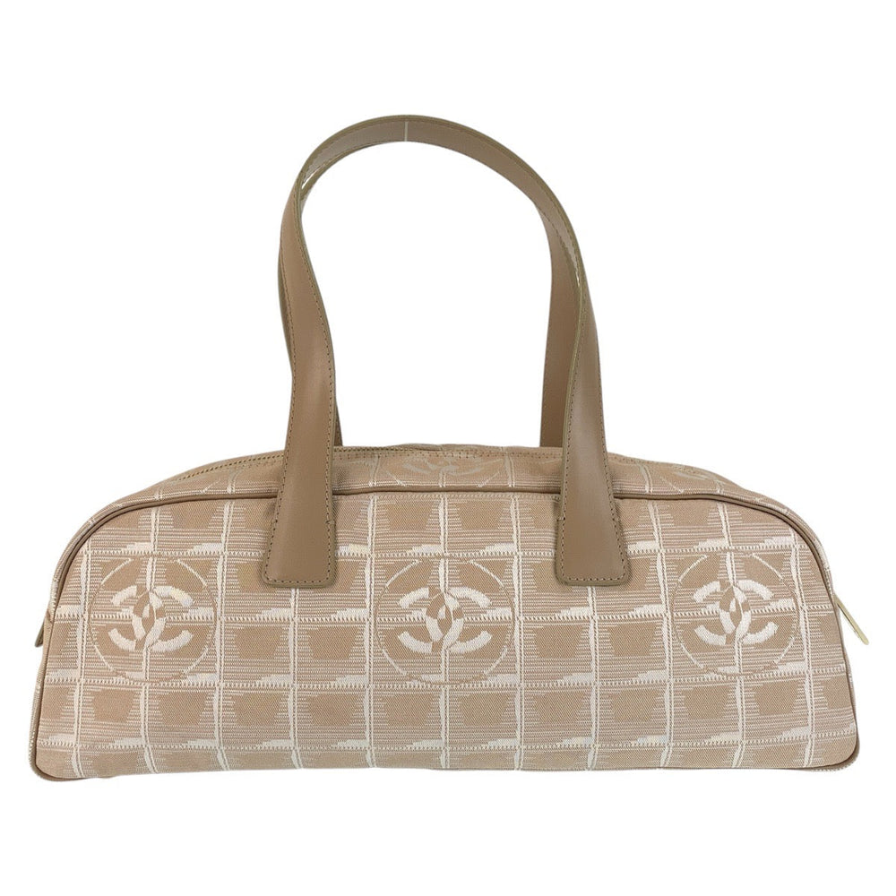 CHANEL Handbag Nylon, Leather Beige Gold Metal Handbags Mini Boston Duffel bag New travel line Women Used Authentic