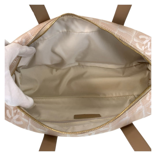 CHANEL Handbag Nylon, Leather Beige Gold Metal Handbags Mini Boston Duffel bag New travel line Women Used Authentic