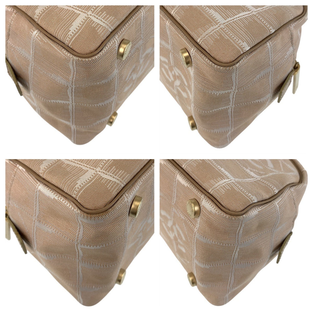 CHANEL Handbag Nylon, Leather Beige Gold Metal Handbags Mini Boston Duffel bag New travel line Women Used Authentic