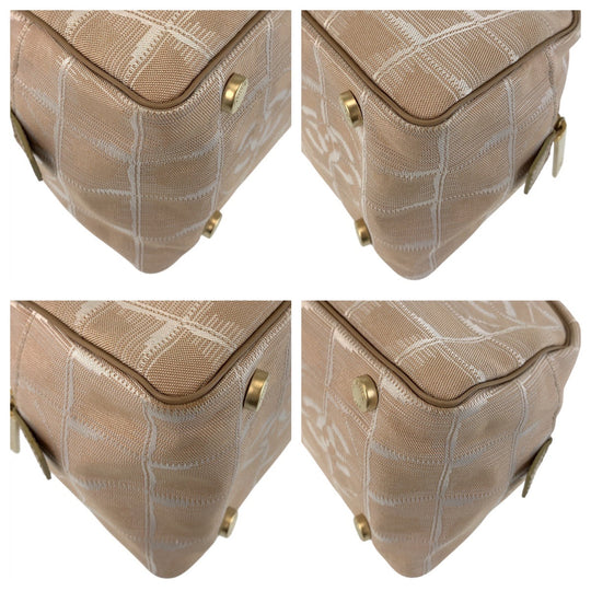 CHANEL Handbag Nylon, Leather Beige Gold Metal Handbags Mini Boston Duffel bag New travel line Women Used Authentic