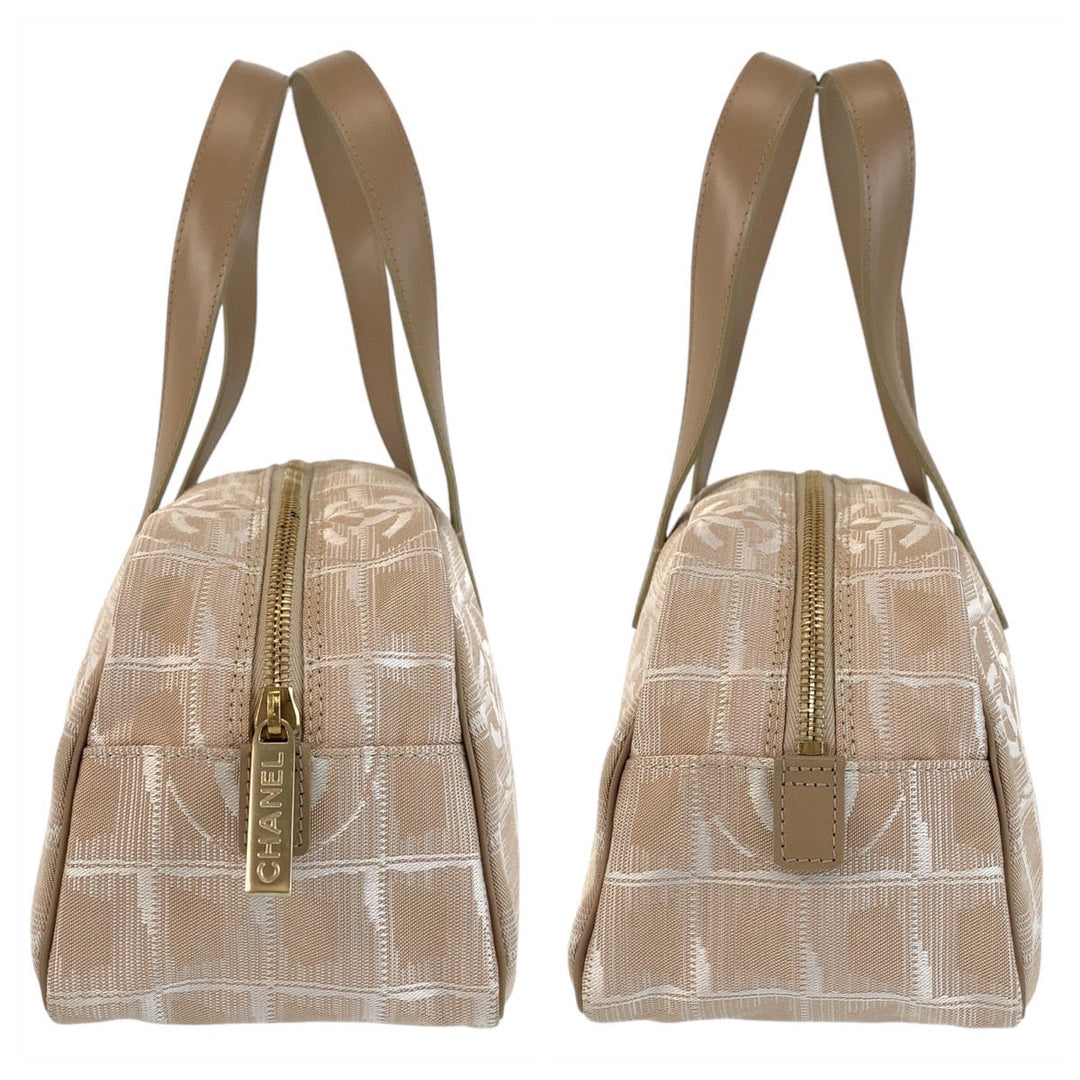 CHANEL Handbag Nylon, Leather Beige Gold Metal Handbags Mini Boston Duffel bag New travel line Women Used Authentic