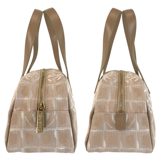 CHANEL Handbag Nylon, Leather Beige Gold Metal Handbags Mini Boston Duffel bag New travel line Women Used Authentic