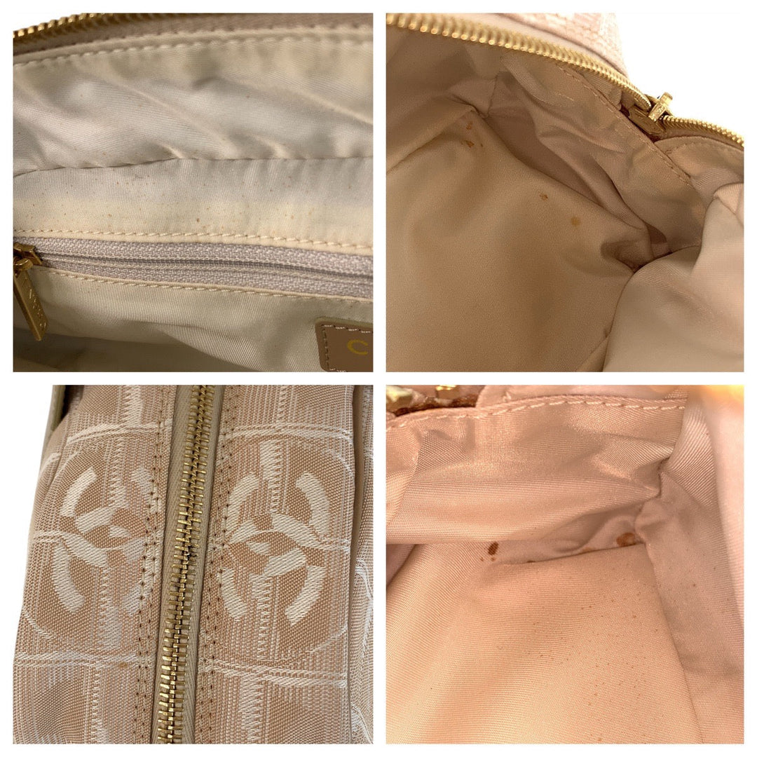 CHANEL Handbag Nylon, Leather Beige Gold Metal Handbags Mini Boston Duffel bag New travel line Women Used Authentic