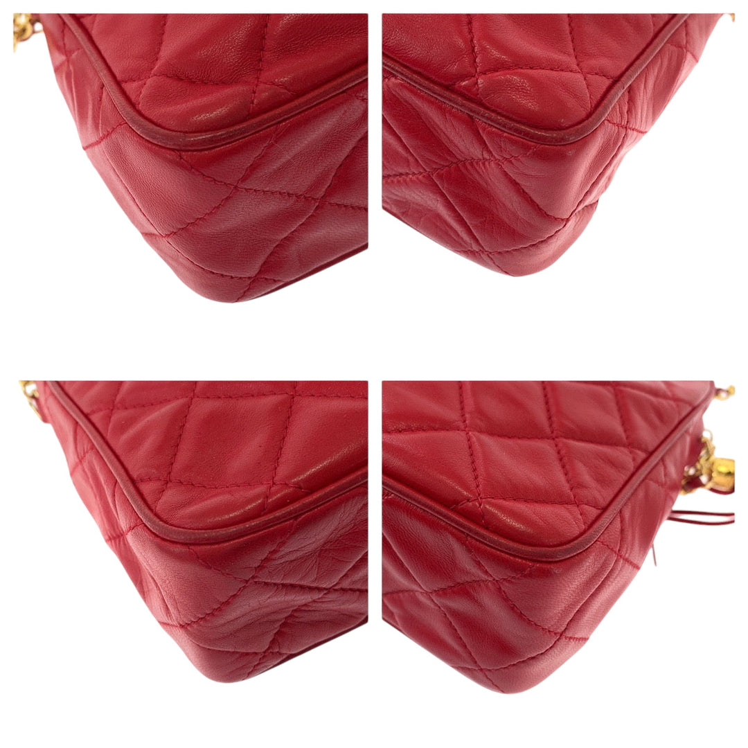 CHANEL Shoulder Bag leather Red Gold Metal ChainShoulder Bag Shoulder Matrasse COCO Mark Tassel Fringe Women Used Authentic