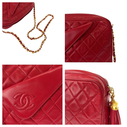 CHANEL Shoulder Bag leather Red Gold Metal ChainShoulder Bag Shoulder Matrasse COCO Mark Tassel Fringe Women Used Authentic