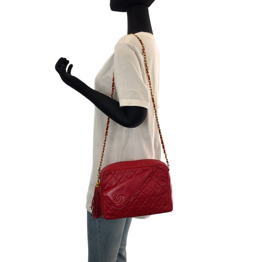 CHANEL Shoulder Bag leather Red Gold Metal ChainShoulder Bag Shoulder Matrasse COCO Mark Tassel Fringe Women Used Authentic