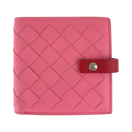 BOTTEGAVENETA Bifold Wallet leather Pink Red SilverMetal Folding wallet Compact wallet INTRECCIATO Women Used Authentic