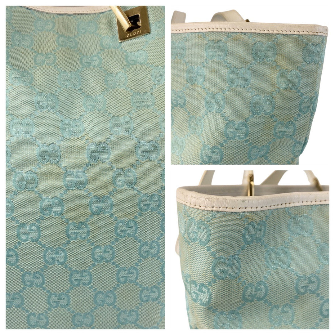 GUCCI Tote Bag 002 1098 GG canvas, leather Mint Light Blue Gold Metal Tote Bag Shoulder Bag Women Used Authentic