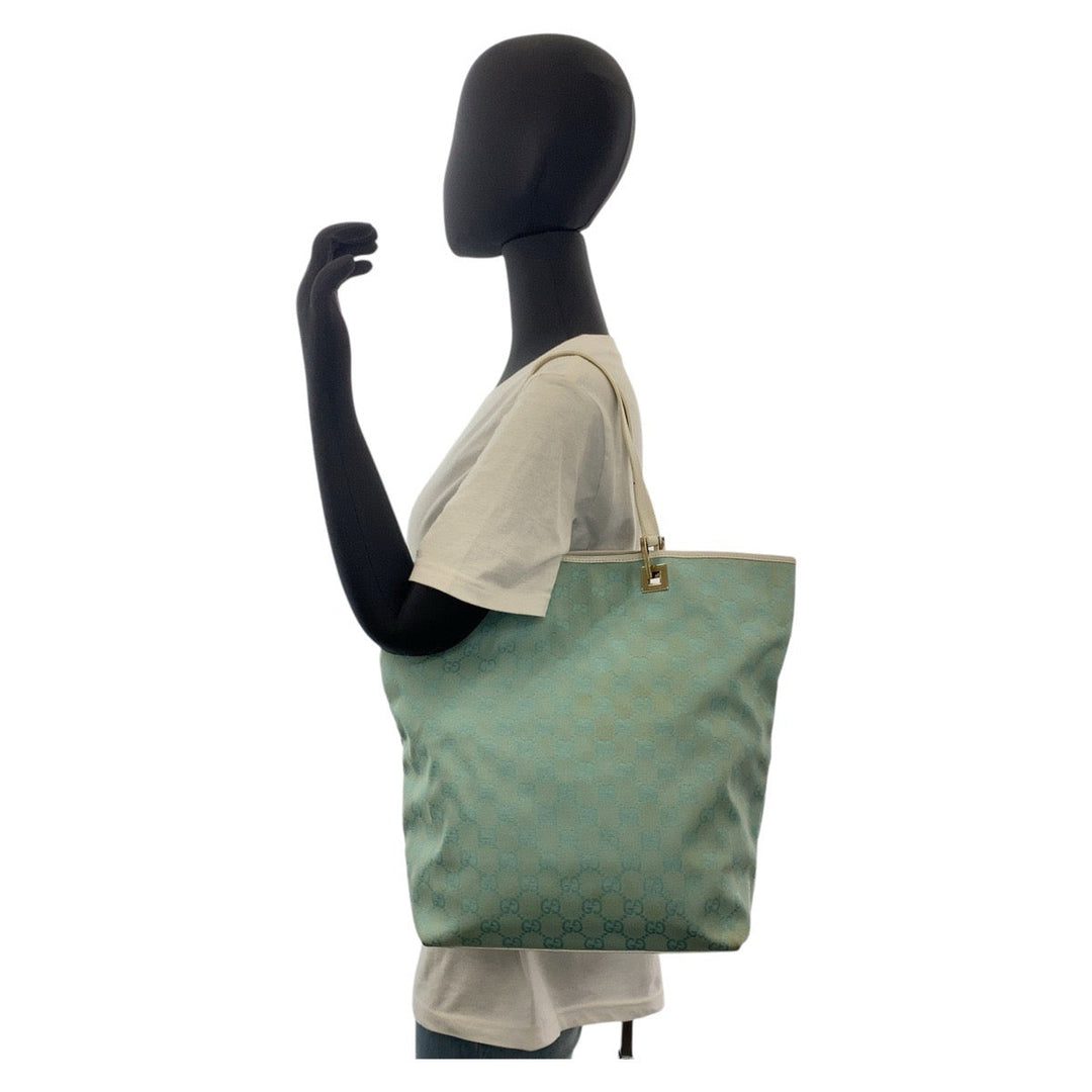 GUCCI Tote Bag 002 1098 GG canvas, leather Mint Light Blue Gold Metal Tote Bag Shoulder Bag Women Used Authentic