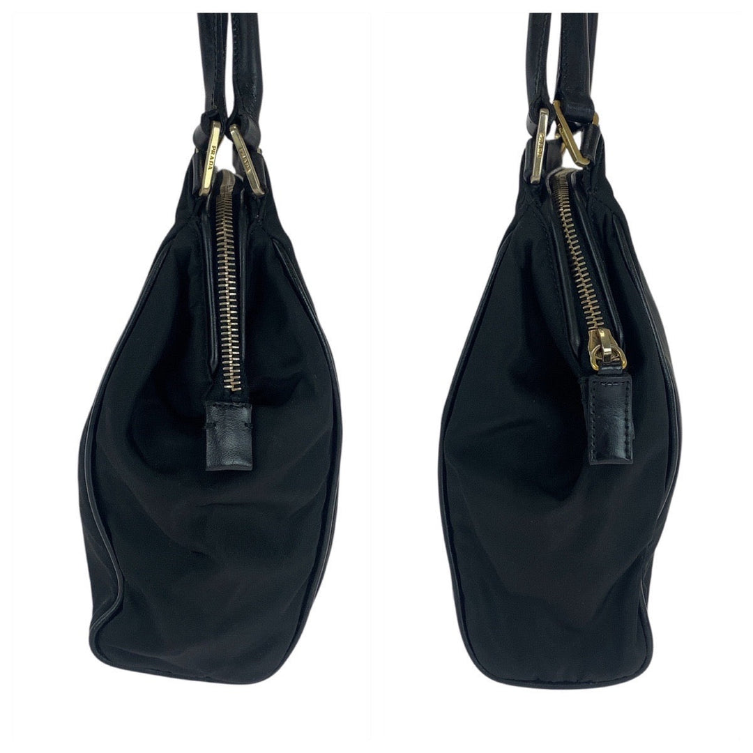 PRADA Tote Bag Nylon, Leather Black GoldMetal Tote Bag handbag Test Triangle With logo Women Used Authentic