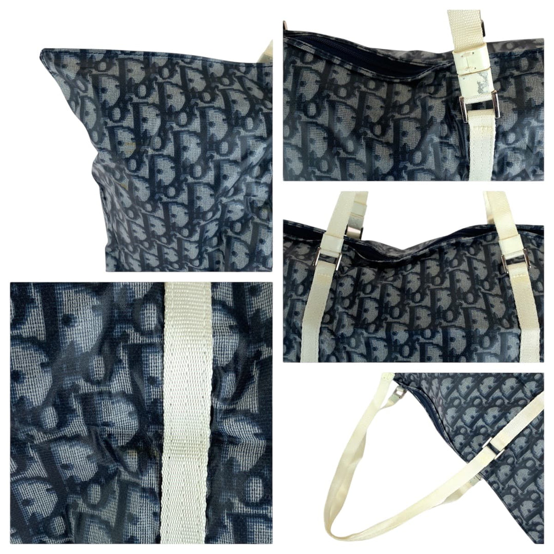 Dior Tote Bag MC1002 Nylon Navy white Tote Bag Eco Bag with Pouch Trotter Women Used Authentic