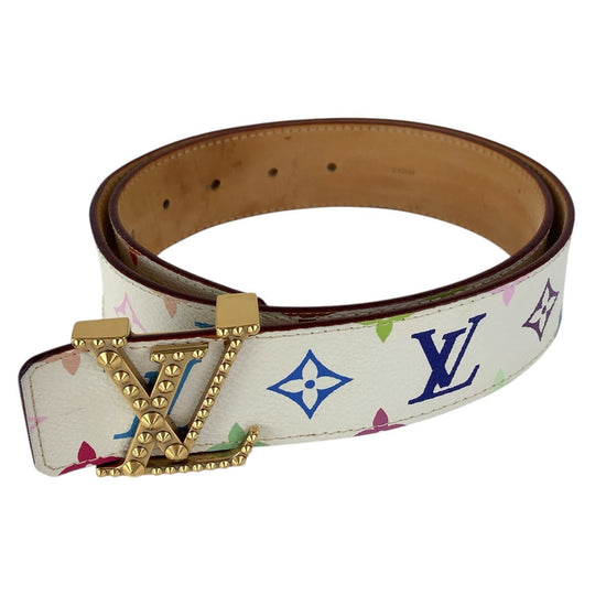LOUIS VUITTON belt M6909 PVC, Leather White multicolor Belts Unisex Monogram multicolor Santur LV logo studs mens 32 Used Authentic