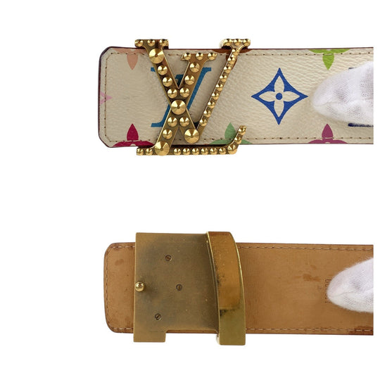 LOUIS VUITTON belt M6909 PVC, Leather White multicolor Belts Unisex Monogram multicolor Santur LV logo studs mens 32 Used Authentic