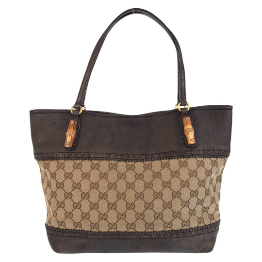 GUCCI Tote Bag 353125 GG canvas, leather Beige Brown Gold Metal Tote Bag Shoulder Bag Bamboo Women Used Authentic