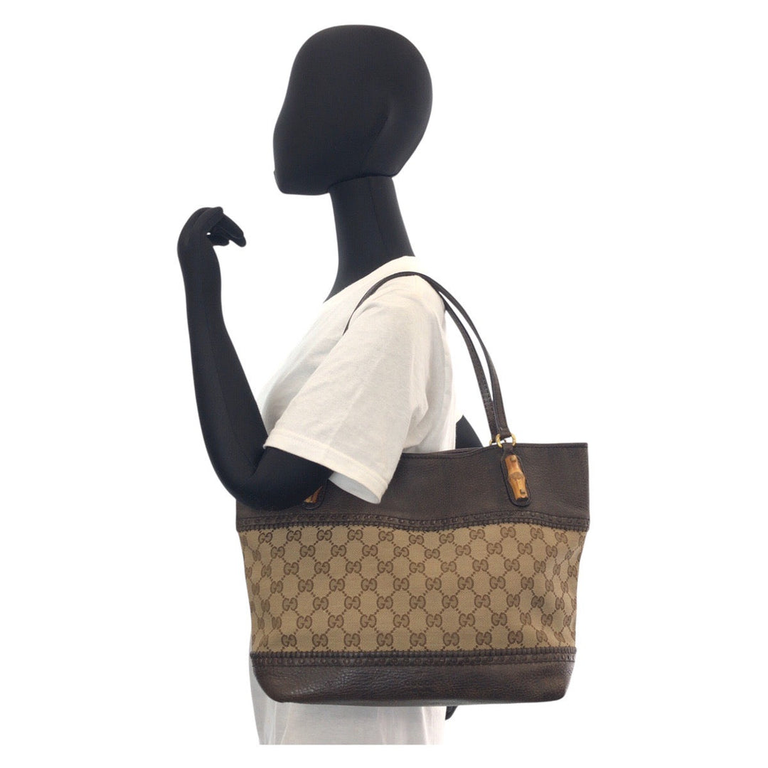 GUCCI Tote Bag 353125 GG canvas, leather Beige Brown Gold Metal Tote Bag Shoulder Bag Bamboo Women Used Authentic