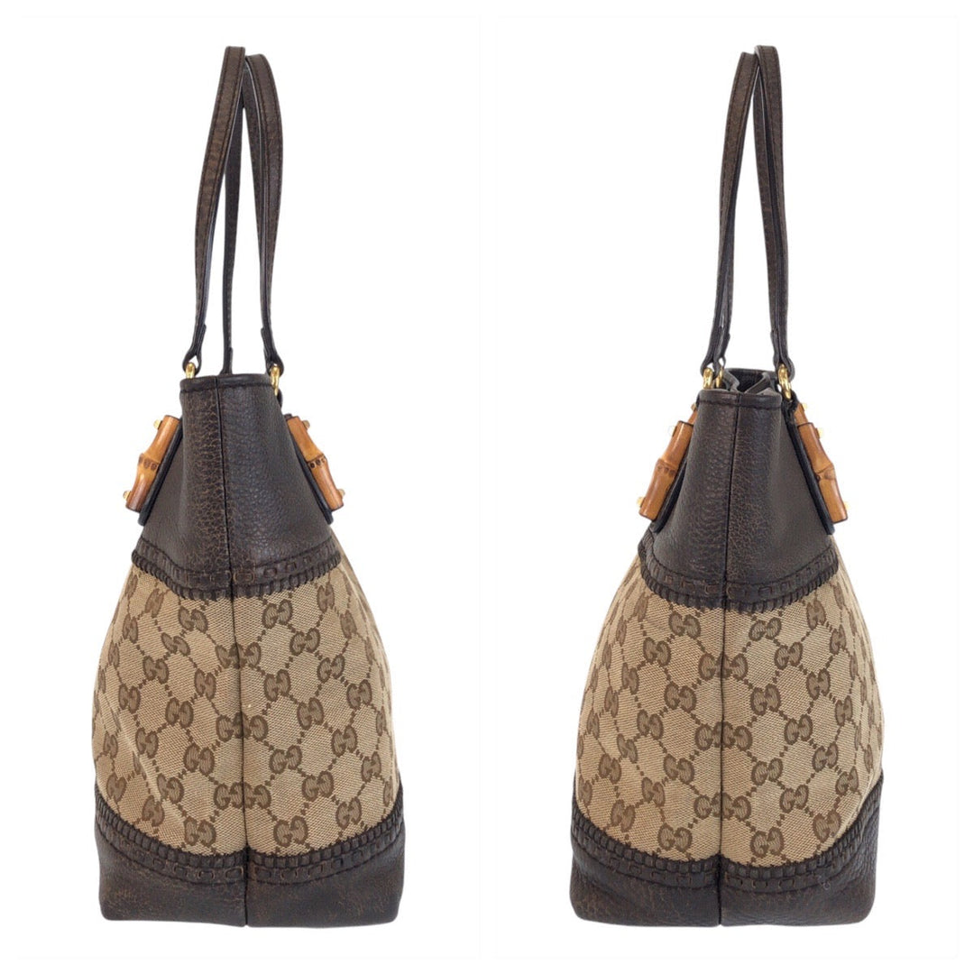 GUCCI Tote Bag 353125 GG canvas, leather Beige Brown Gold Metal Tote Bag Shoulder Bag Bamboo Women Used Authentic