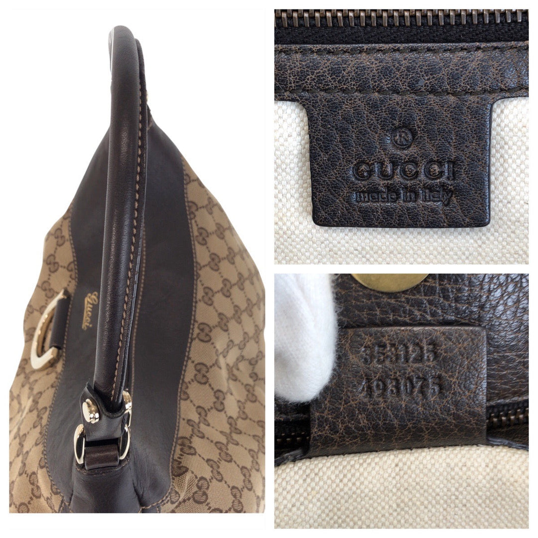 GUCCI Tote Bag 353125 GG canvas, leather Beige Brown Gold Metal Tote Bag Shoulder Bag Bamboo Women Used Authentic