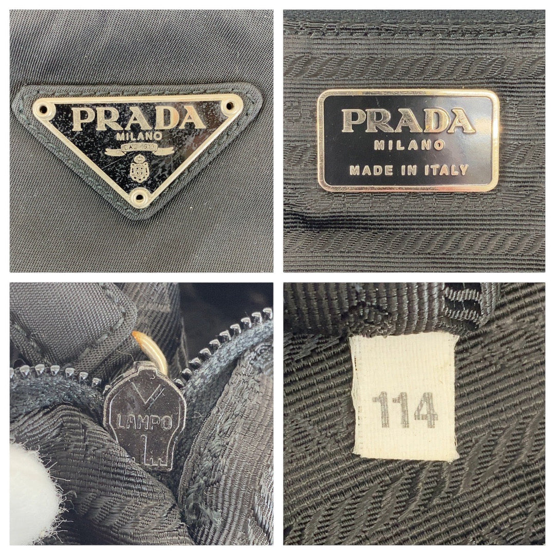 PRADA Tote Bag Nylon Black SilverMetal Tote Bag Shoulder Bag Test Triangle With logo Women Used Authentic