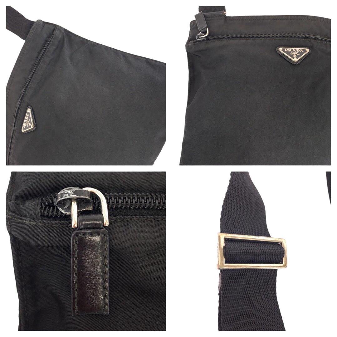PRADA Shoulder Bag Nylon Black SilverMetal Shoulder Bag pochette Test Triangle With logo mens Used Authentic