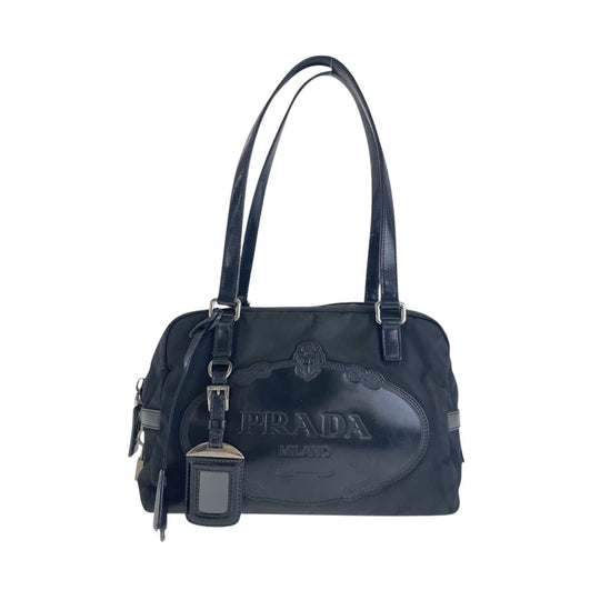 PRADA Shoulder Bag Nylon, Leather Black SilverMetal Test Logo embossed Women Used Authentic