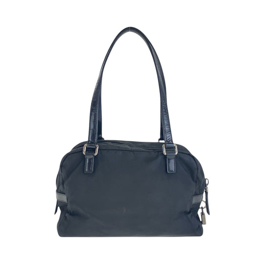 PRADA Shoulder Bag Nylon, Leather Black SilverMetal Test Logo embossed Women Used Authentic